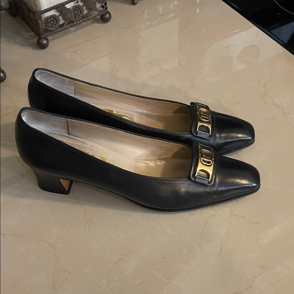 Vintage Salvatore Ferragamo Black Leather Low Block Heel with Gold Hardware 8AAA